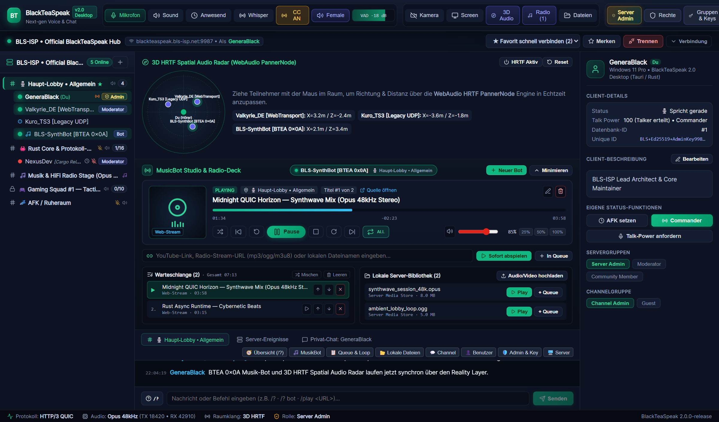 BlackTeaSpeak v2.0 Desktop Client mit 3D HRTF Spatial Audio Radar & MusicBot Studio